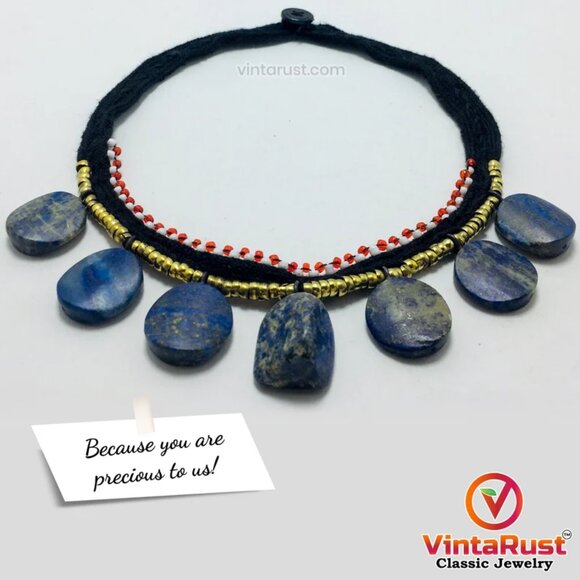 Tribal Choker Necklace With Dangling Lapis Lazuli Stones, Vintage Lapis Stone - Picture 3 of 10